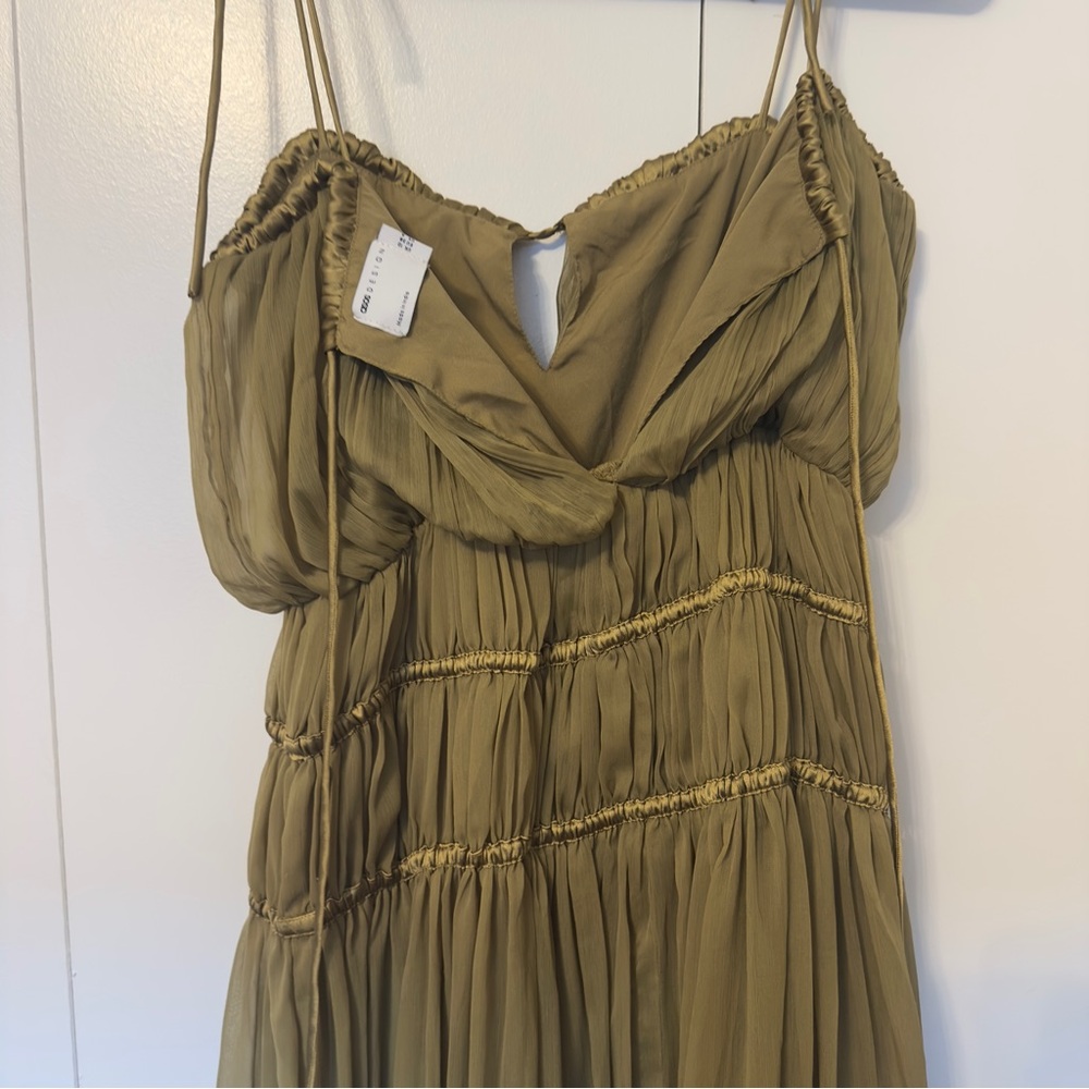 ASOS Olive Green Smocked Tiered Maxi Dress with Slit - Picture 7 of 7
